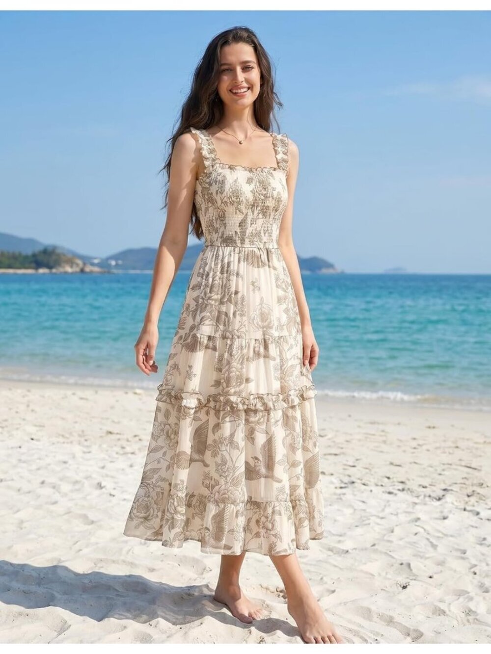 Women's Floral Dress Flowy Sundress Smocked Coffee Floral Cottage core Dresses - Picture 6 of 6